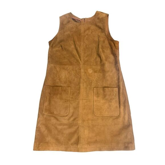Boden 100% leather camel brown shift mod 60’s 70’s sleeveless dress US12 - Picture 1 of 13
